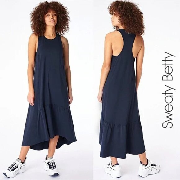 💕SWEATY BETTY💕 Ace Racerback Midi Dress ~ Navy Blue Large L NWT - Picture 1 of 16